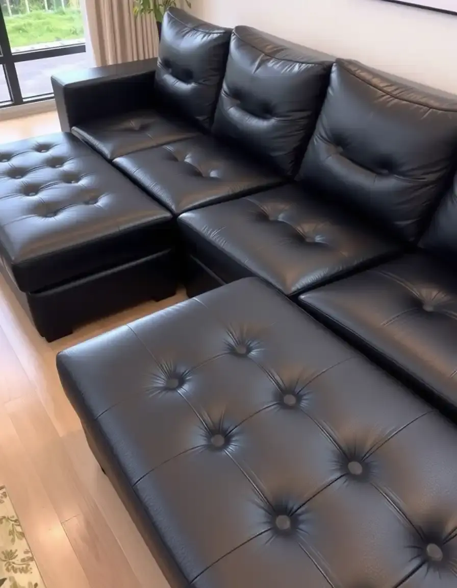 Black leather sectional with chaise, modern