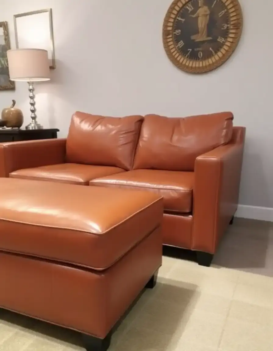 Cognac leather loveseat with ottoman