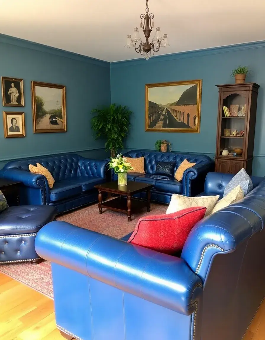Blue vintage leather living room suite