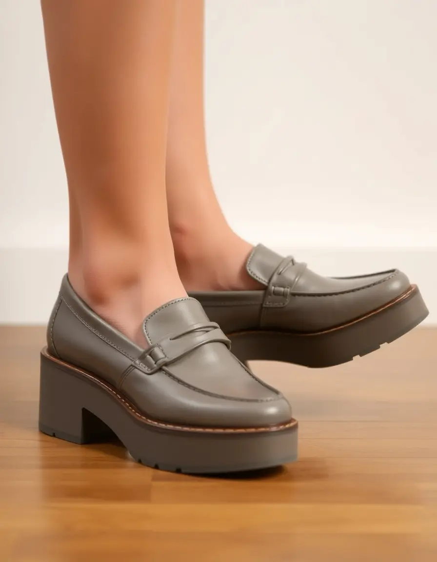 Gray platform leather loafers for women