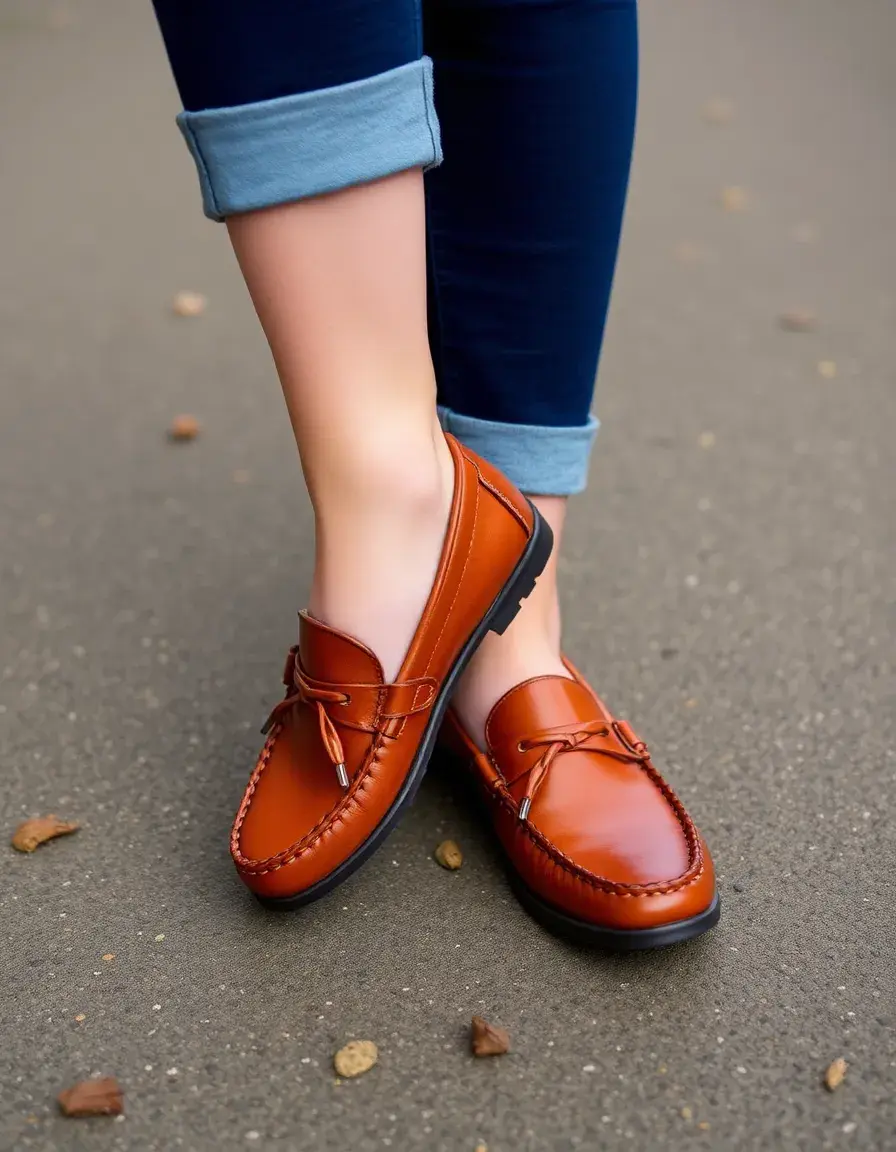Cognac moccasin style leather loafers women