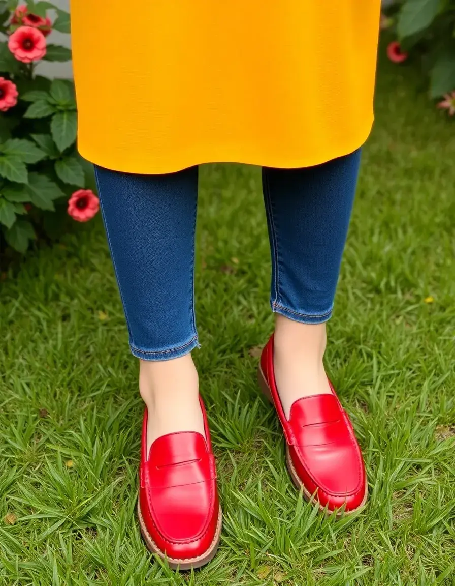 Red slip-on leather loafers for women