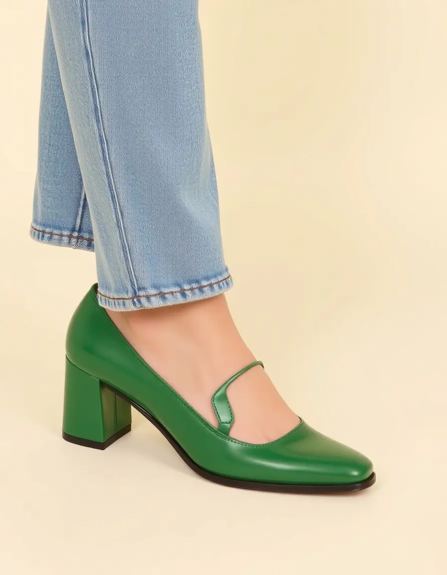 Green chunky heel leather loafers women