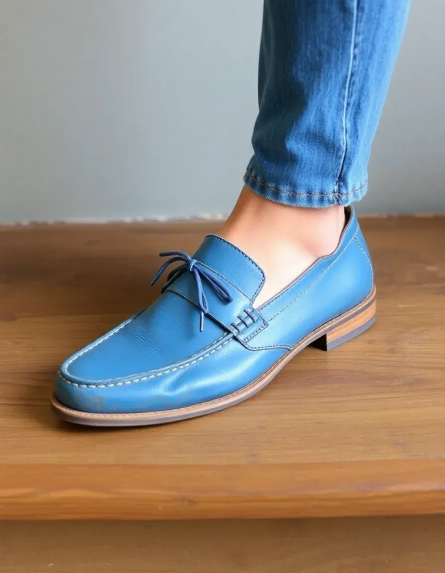 Blue vintage distressed leather loafers women
