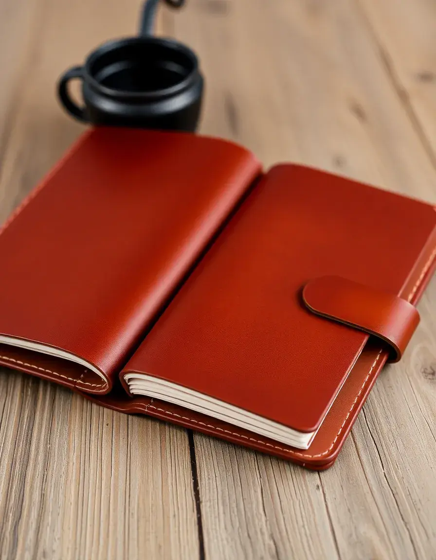 Brown refillable leather notebook with open pages on a wooden desk