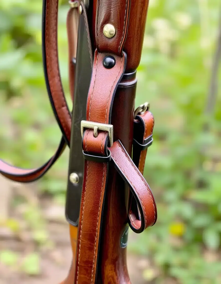 Brown adjustable leather rifle sling with brass swivels
