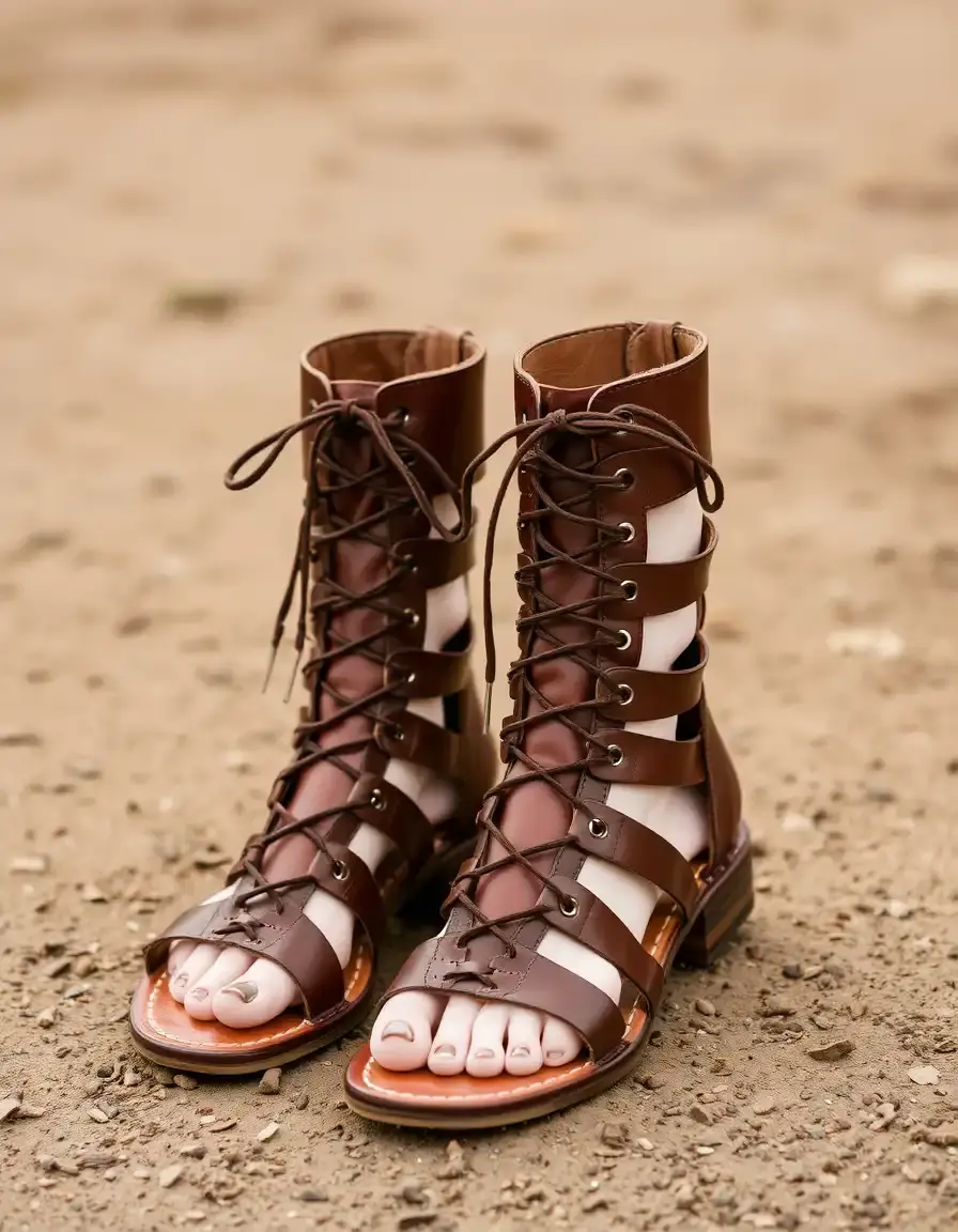 Brown gladiator leather sandals for women, laced
