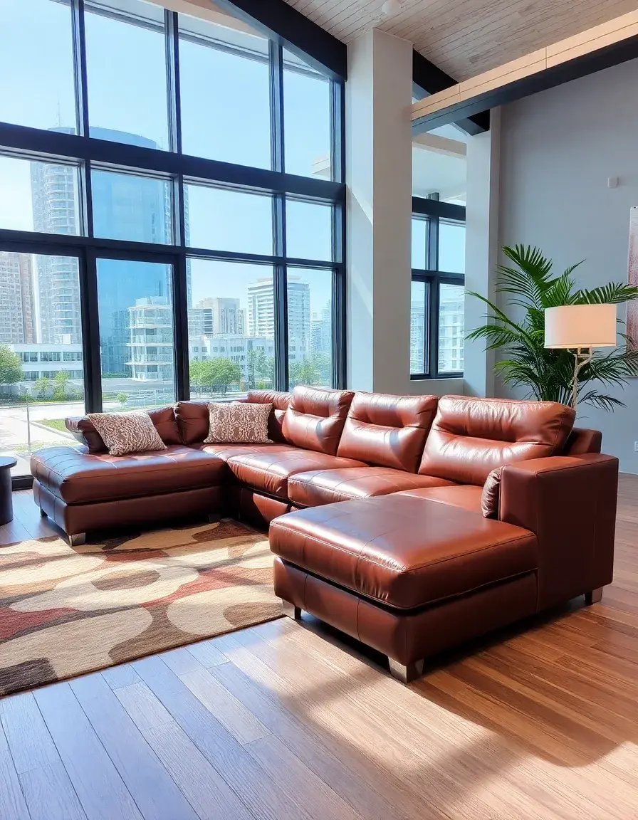 Brown L-shaped leather sectional with chaise in a cozy room