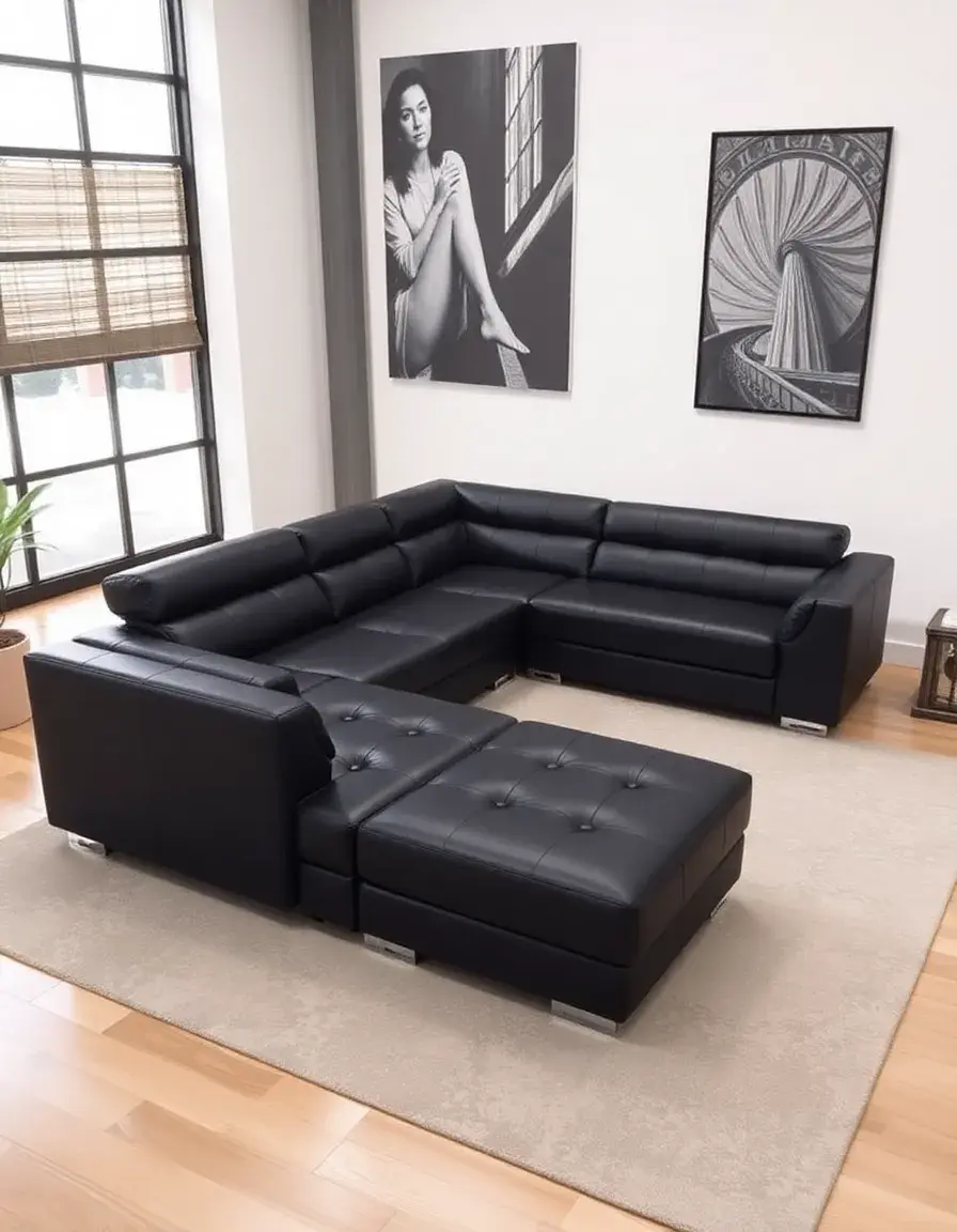 Black modular leather sectional with reversible chaise