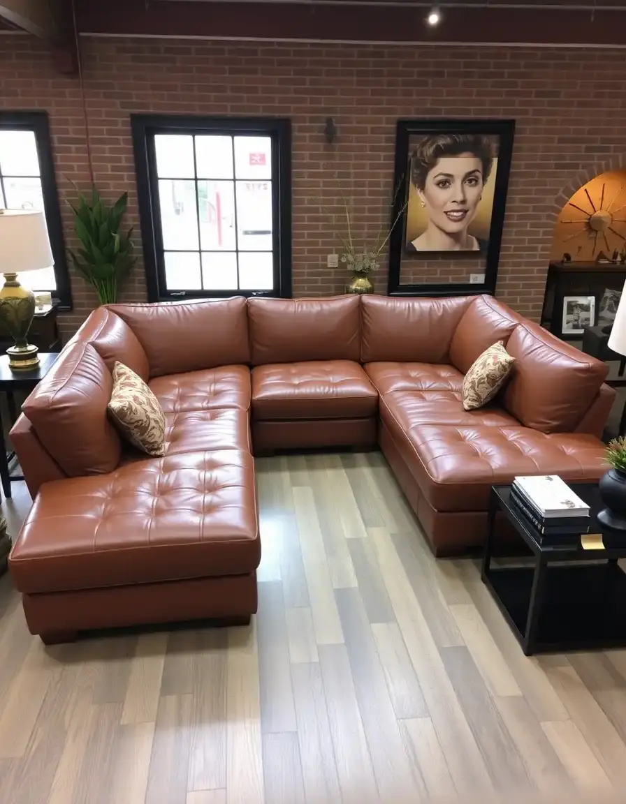 Cognac U-shaped leather sectional with chaise