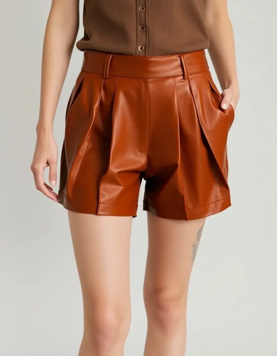 Cognac pleated leather shorts women
