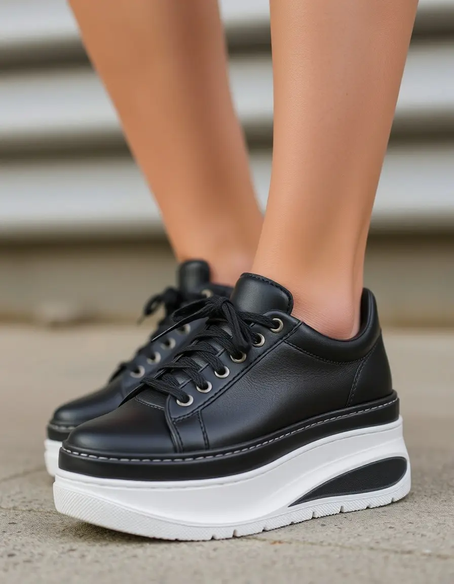 Black platform leather sneakers women