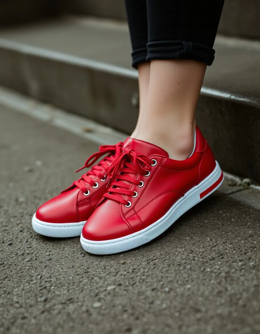 Red athletic leather sneakers women