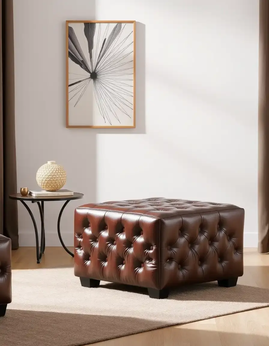 Brown cube shaped leather storage ottoman