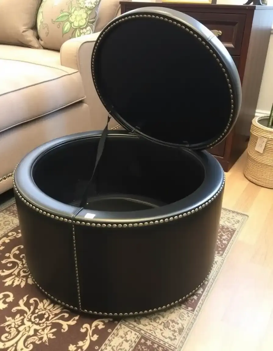 Black round leather storage ottoman, lid off