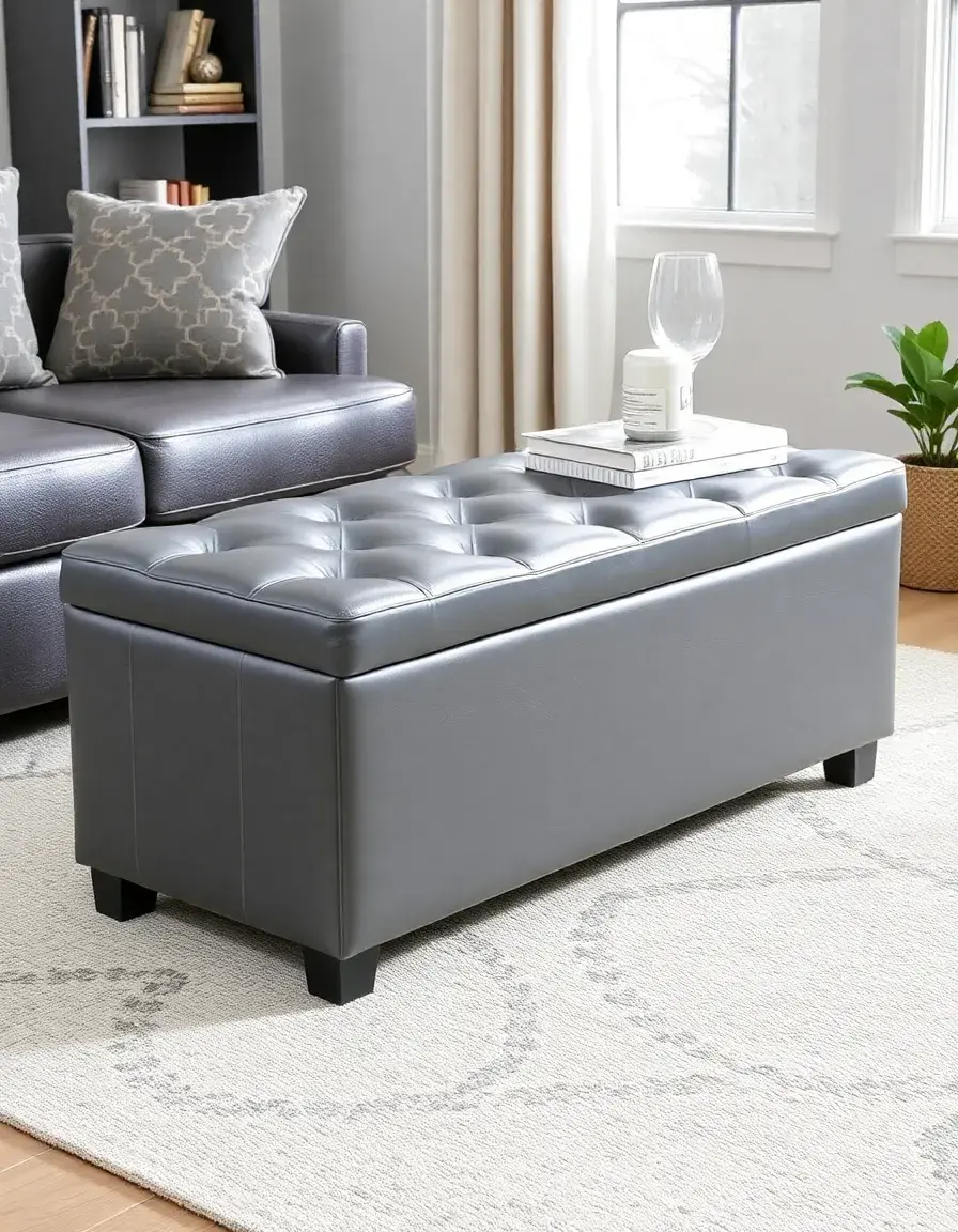 Gray rectangular leather storage bench ottoman