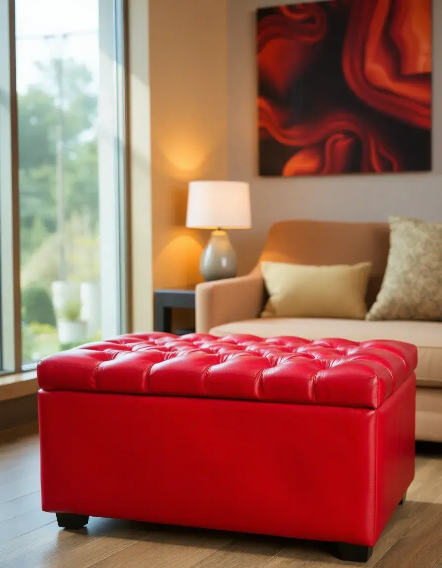 Red tufted top leather storage ottoman