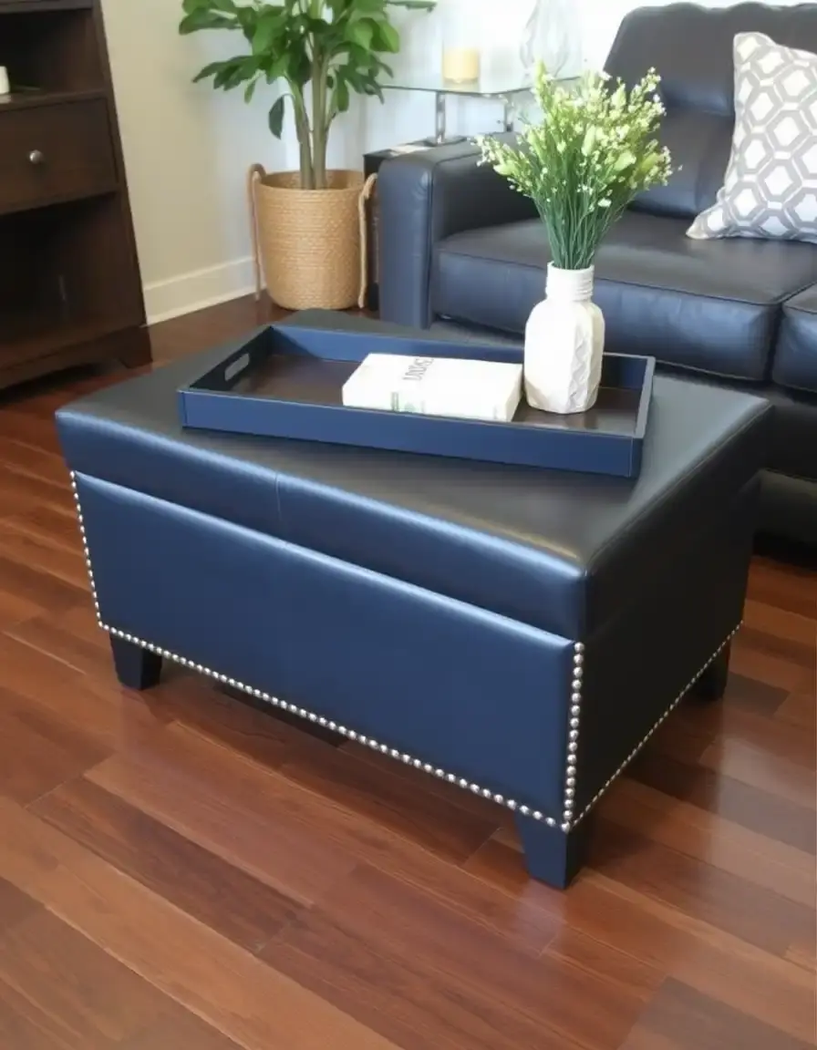 Navy tray top leather storage ottoman
