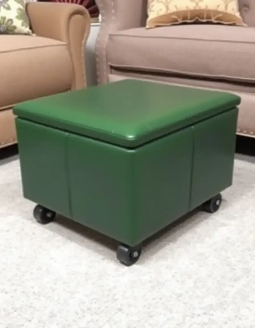 Green wheeled leather storage ottoman