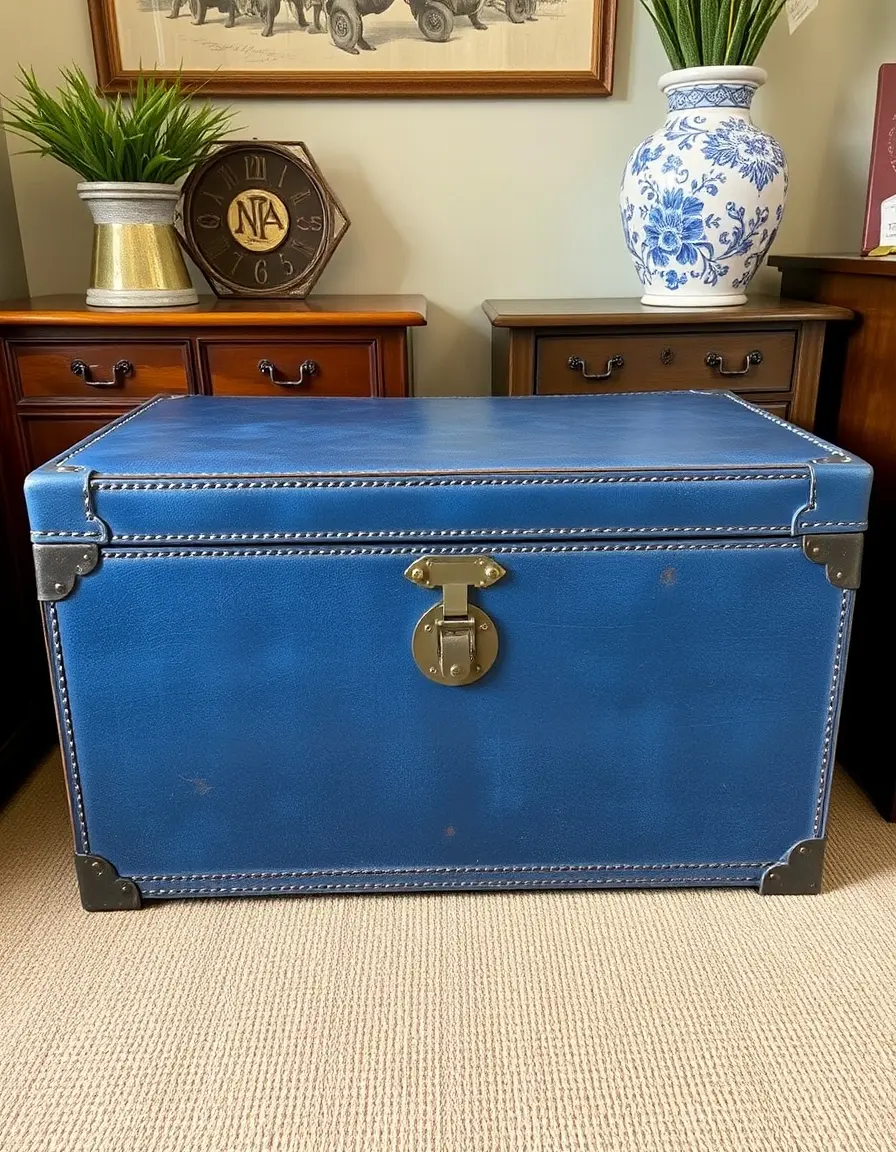 Blue vintage leather storage chest ottoman