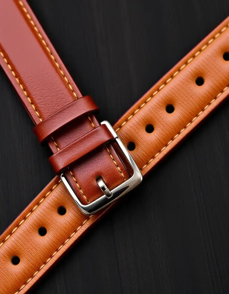 Brown leather watch strap with silver buckle on a neutral background