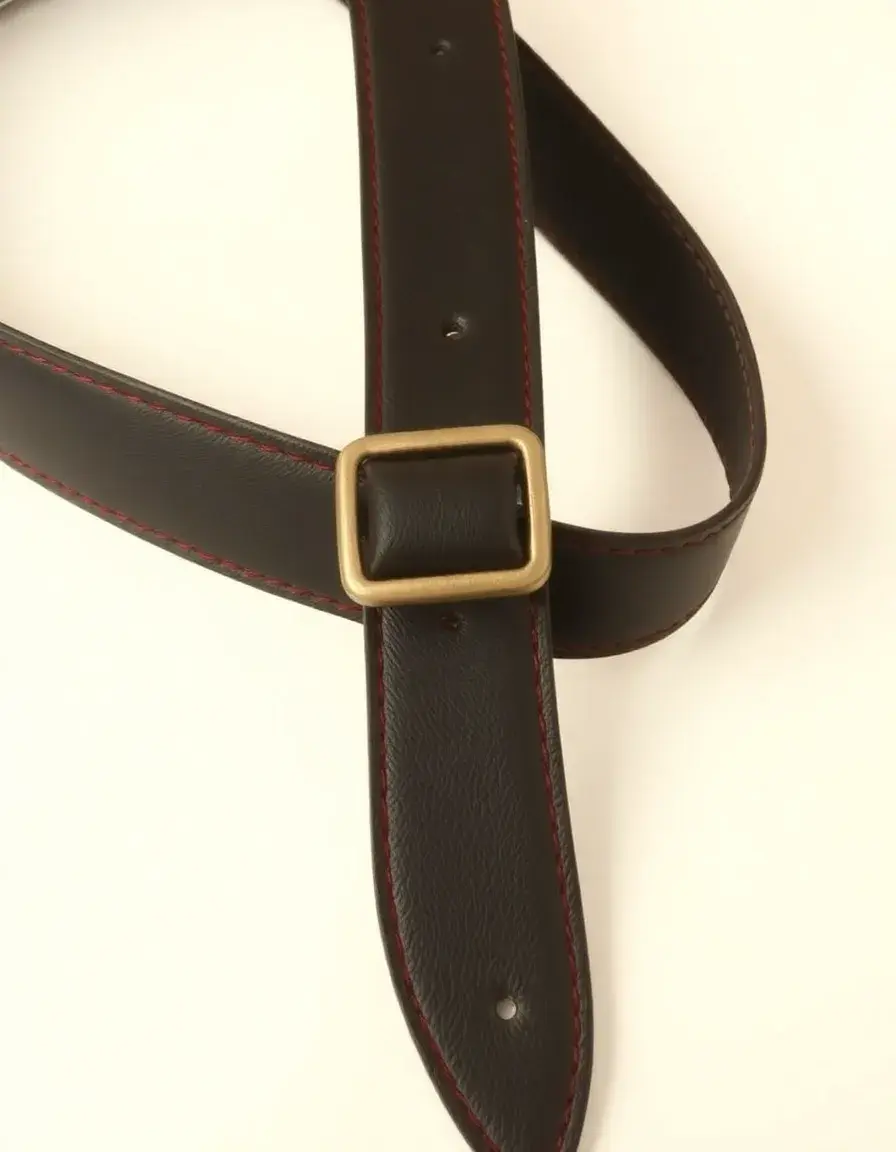 Durable black leather guitar strap, wide and adjustable