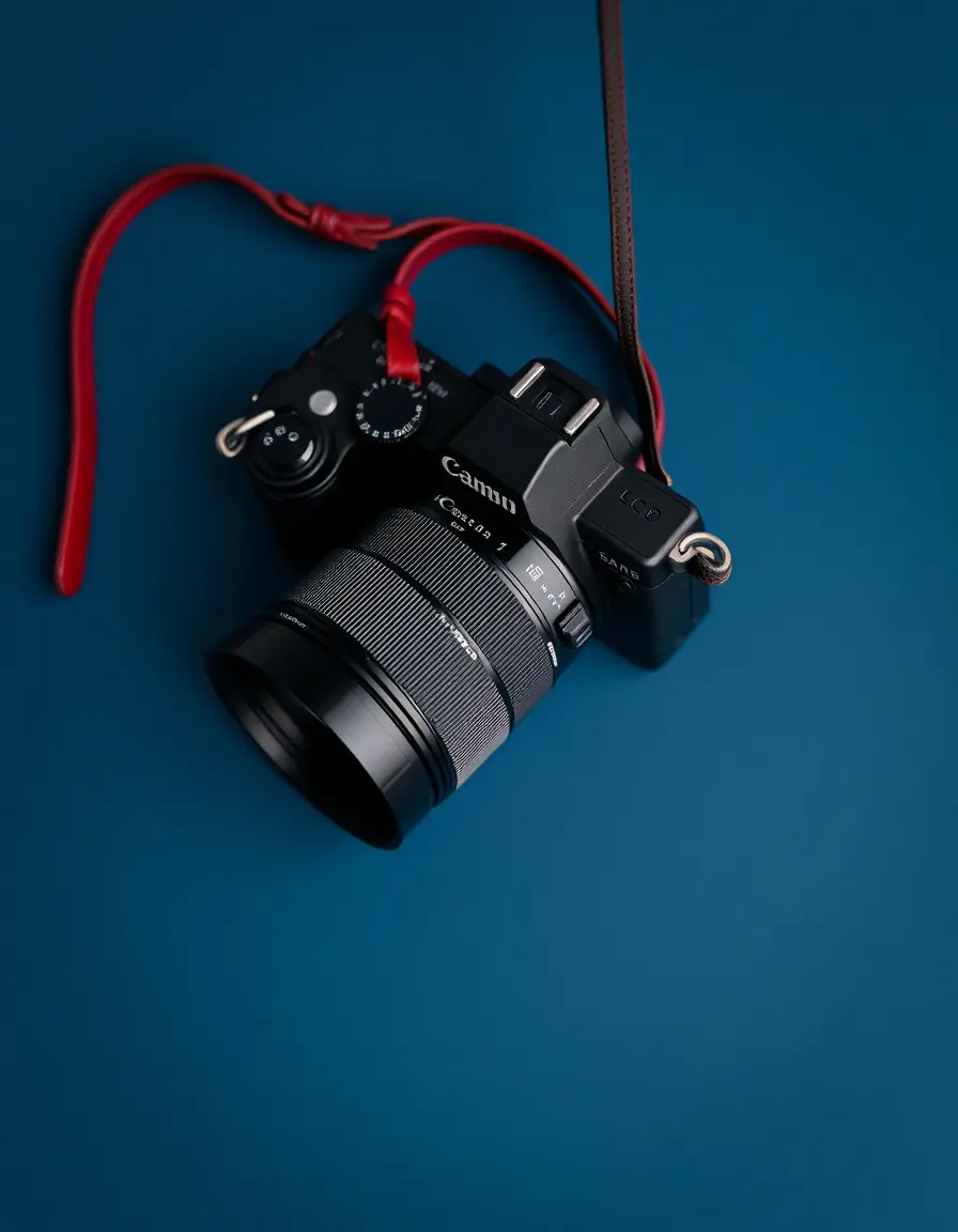 Vibrant red leather camera strap attached to a vintage camera