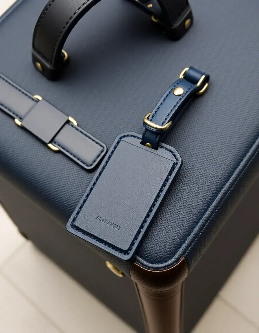 Navy blue leather luggage tag strap with buckle