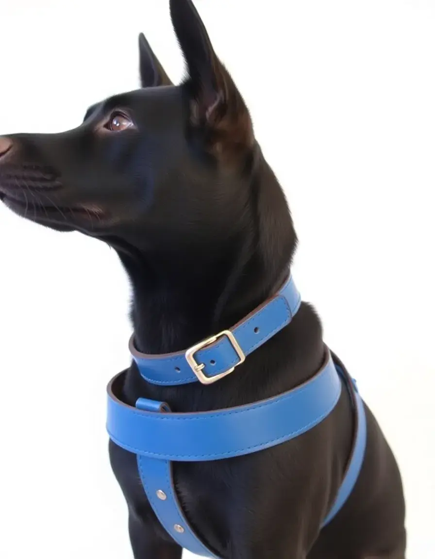 Wide blue leather harness strap with heavy-duty hardware