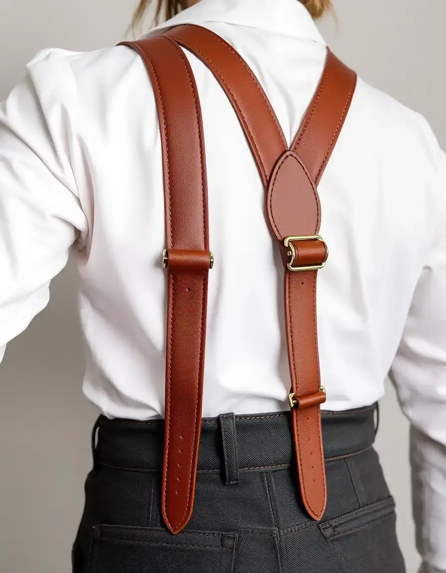 Brown adjustable leather suspenders with clips