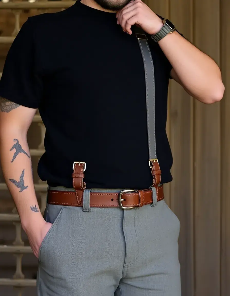 Gray wide heavy duty leather suspenders