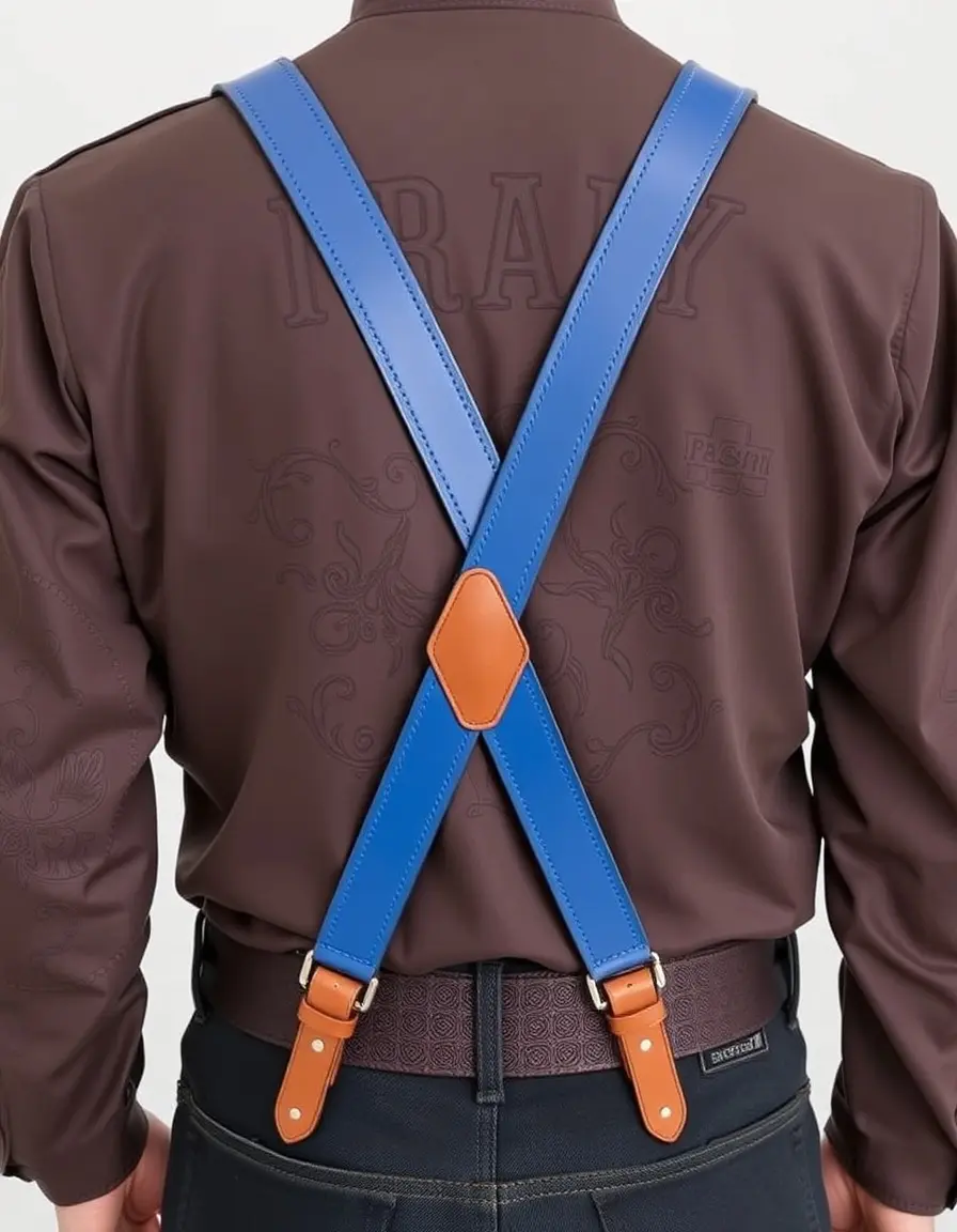 Blue X-back leather suspenders