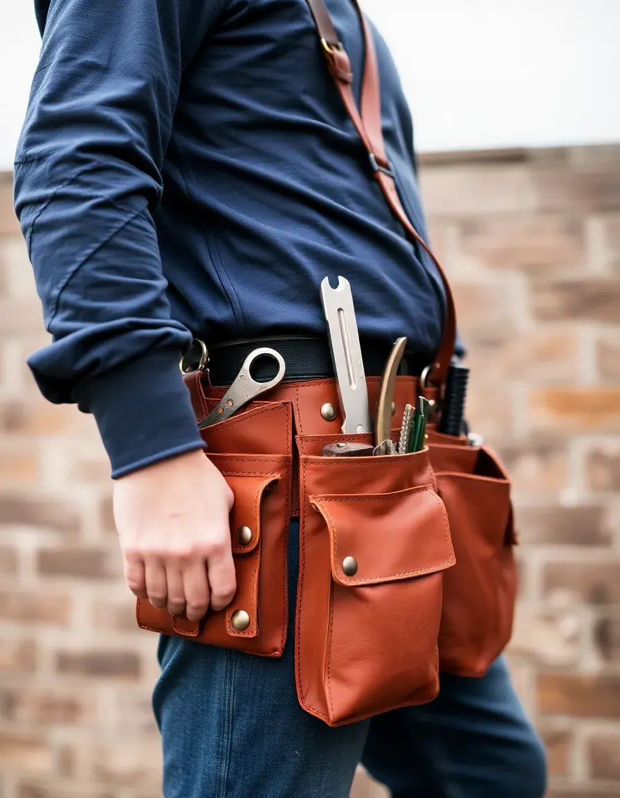Brown utility leather tool belt with pockets