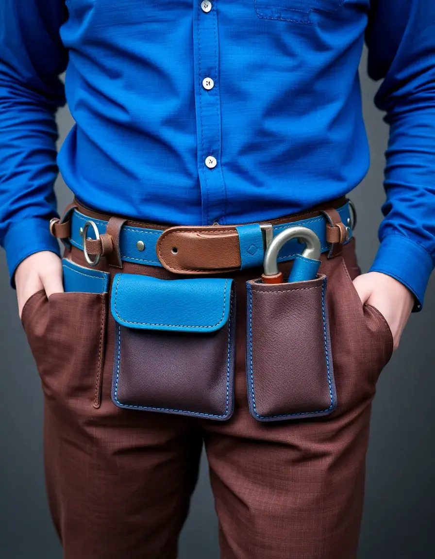 Blue multi-pocket leather tool belt