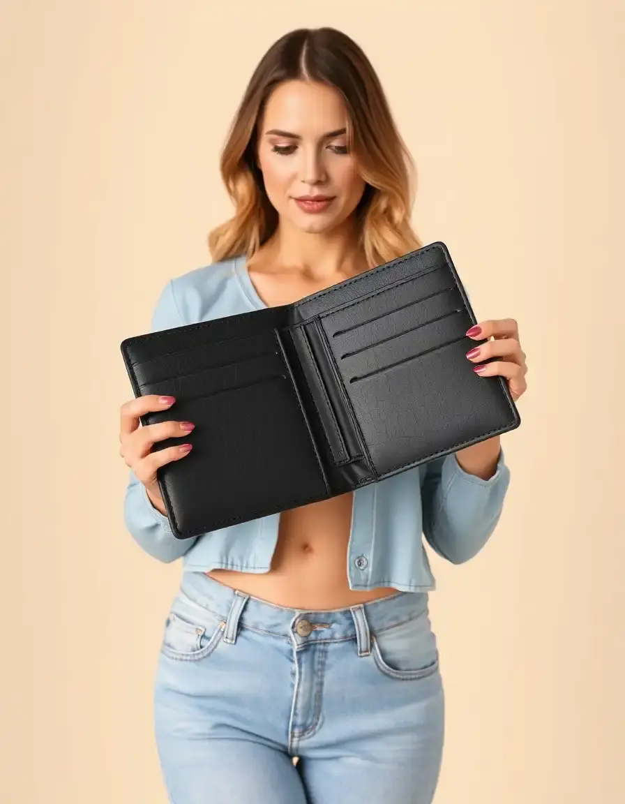 Black bifold leather wallet for women, open