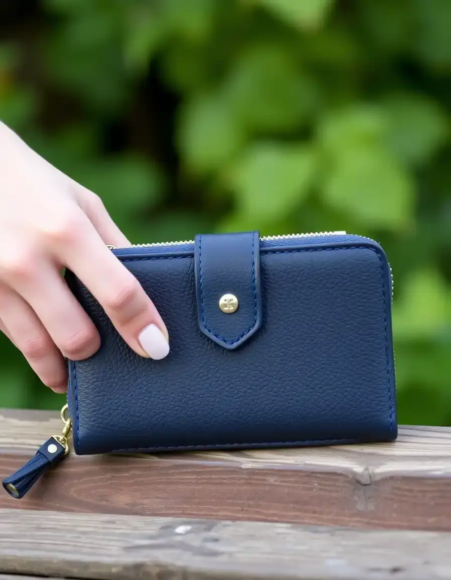 Navy RFID blocking leather wallet women