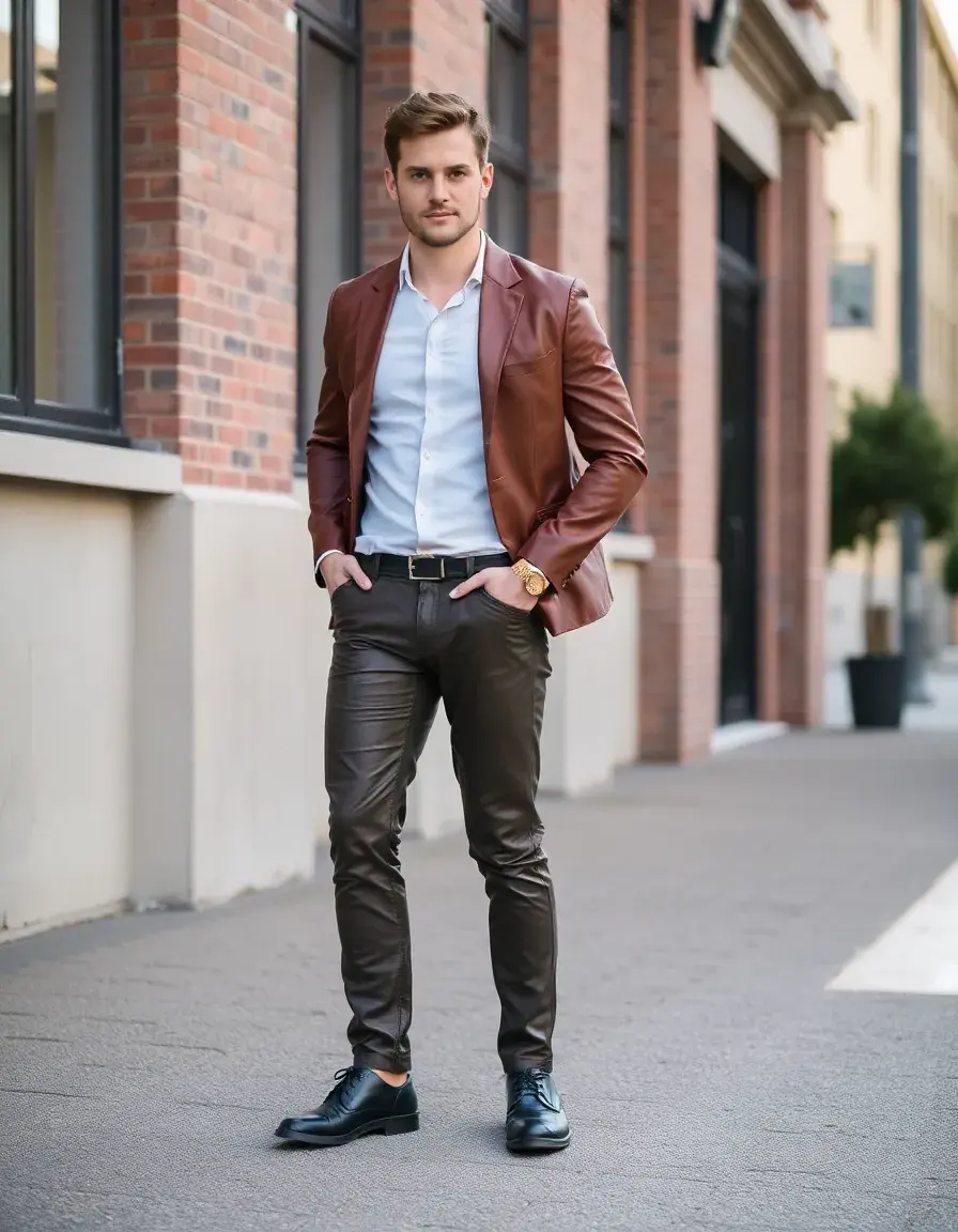 Brown straight leg leather pants men with classic tailoring