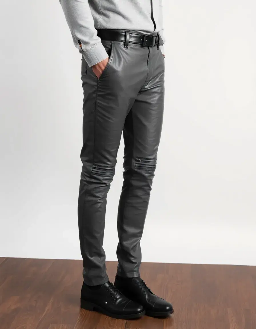 Gray biker style leather pants men with functional zippers