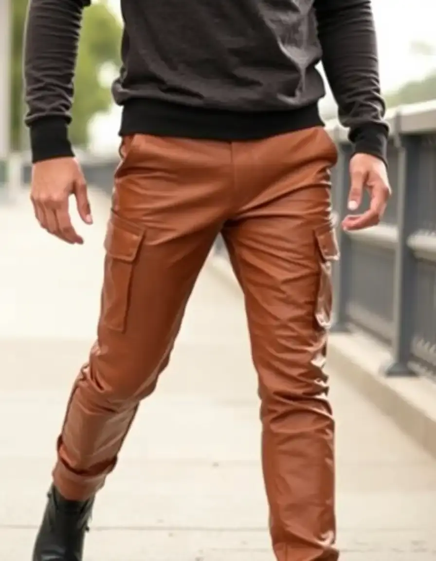 Cognac cargo pocket leather pants men for a tactical fashion look