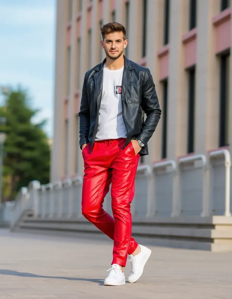 Red jogger style leather pants men for a sporty edge