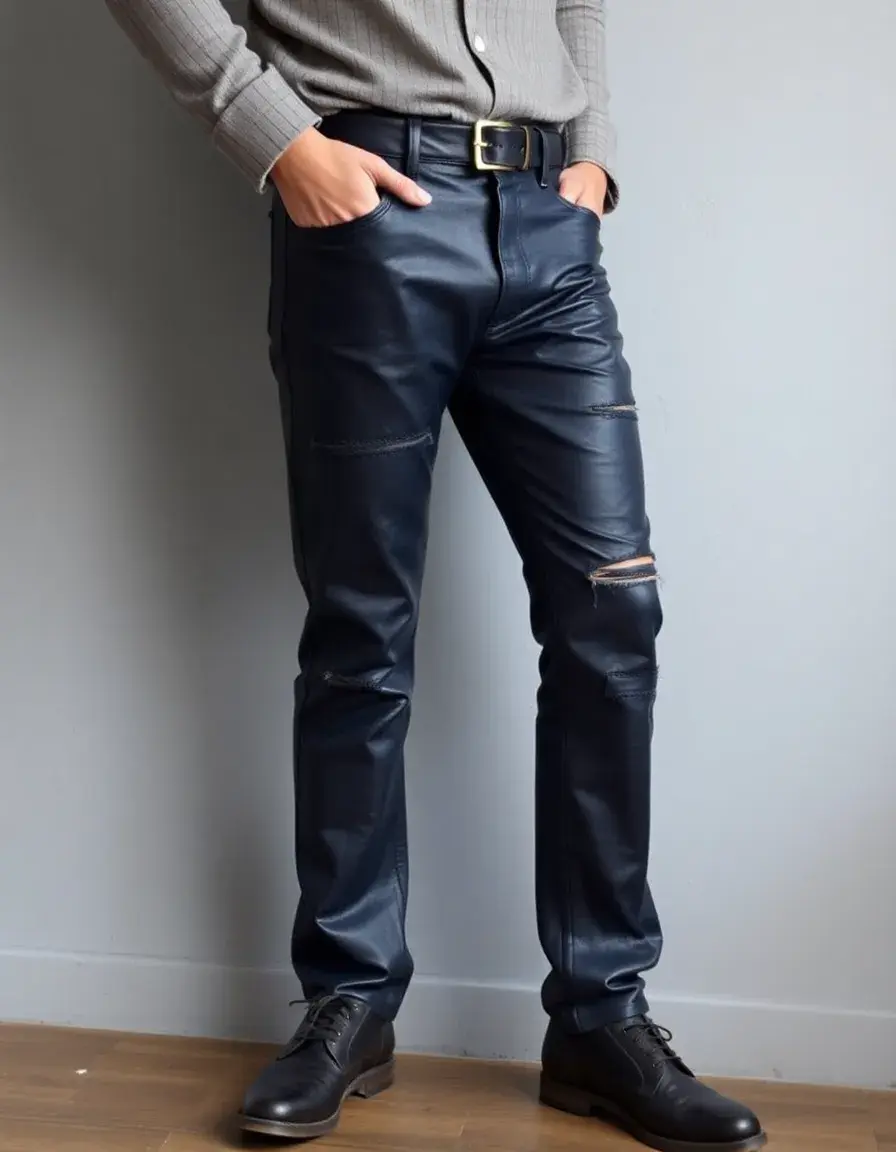 Navy vintage distressed leather trousers men