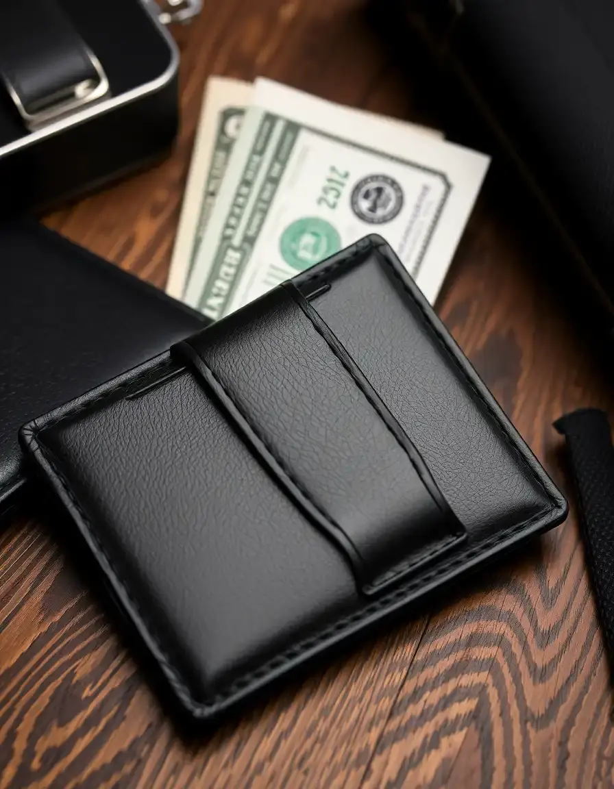 Black money clip leather wallet men sleek design