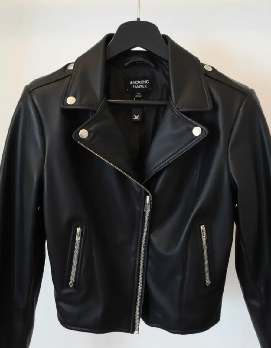 Classic black leather biker jacket on hanger, front zip