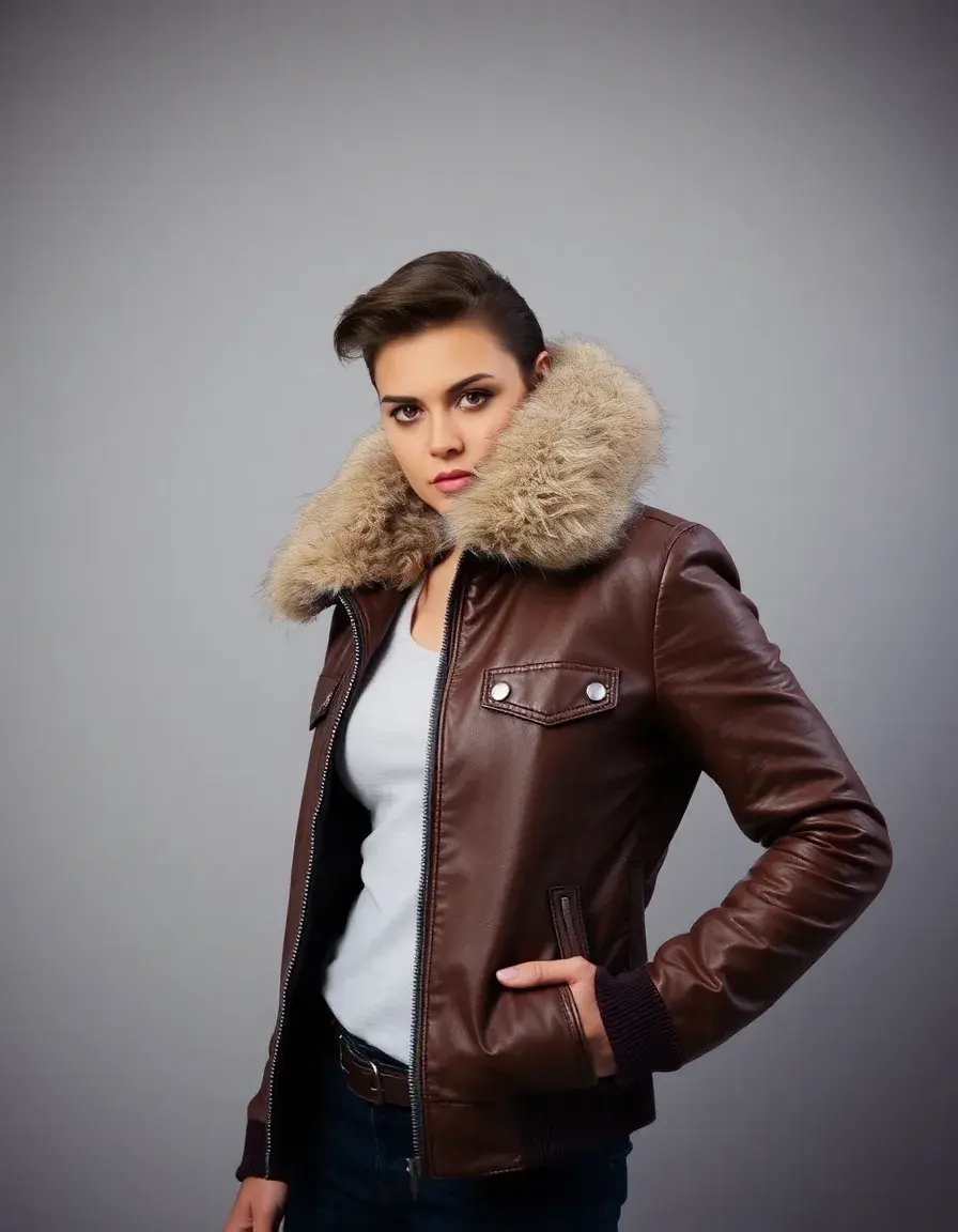 Brown leather aviator jacket with fur collar