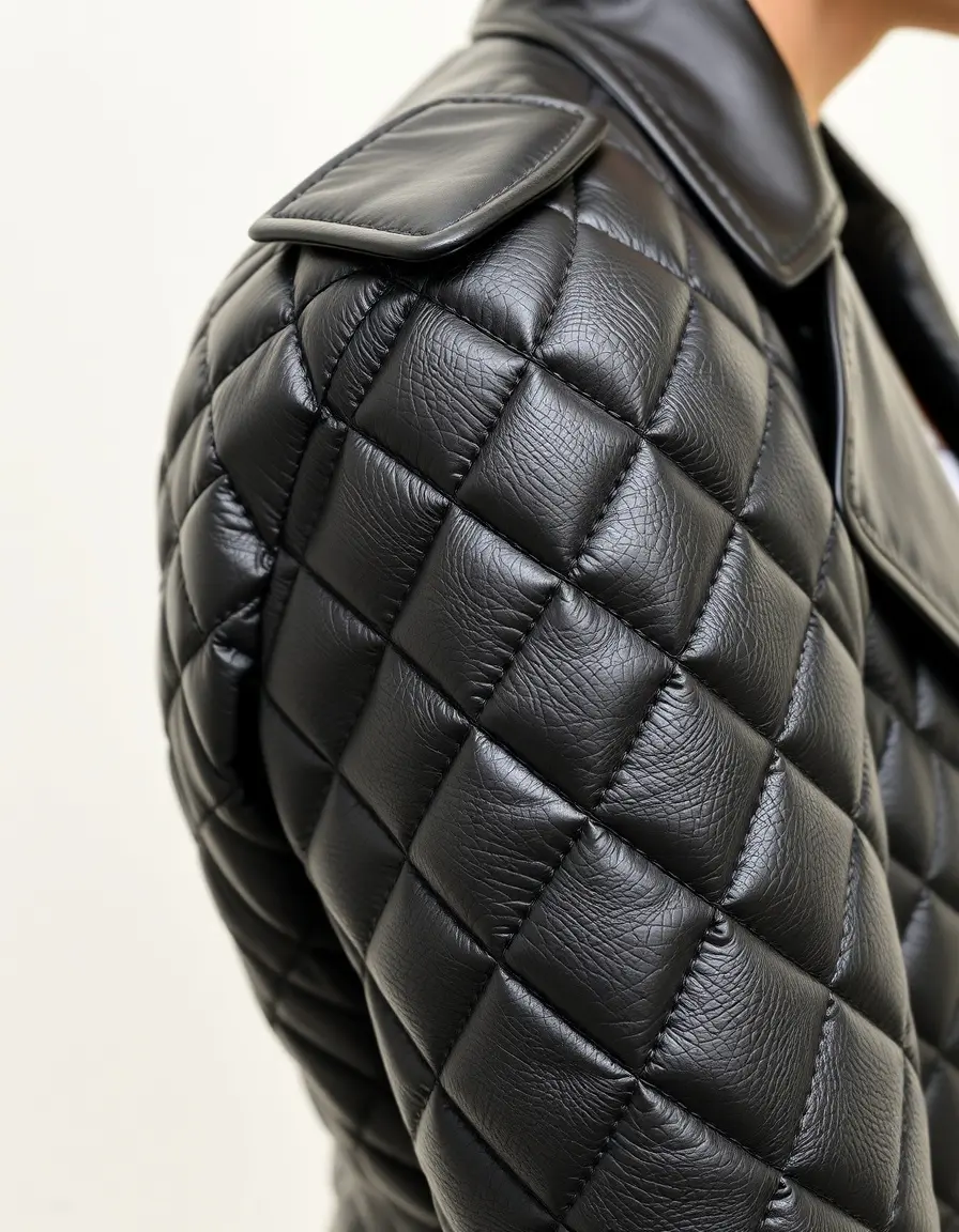 Quilted black leather jacket, shoulder detail