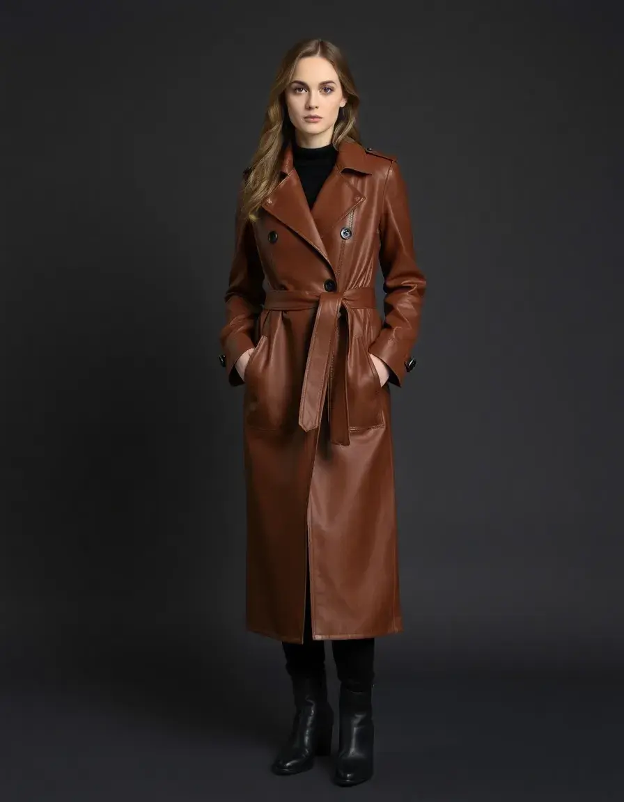 Long leather trench jacket in brown