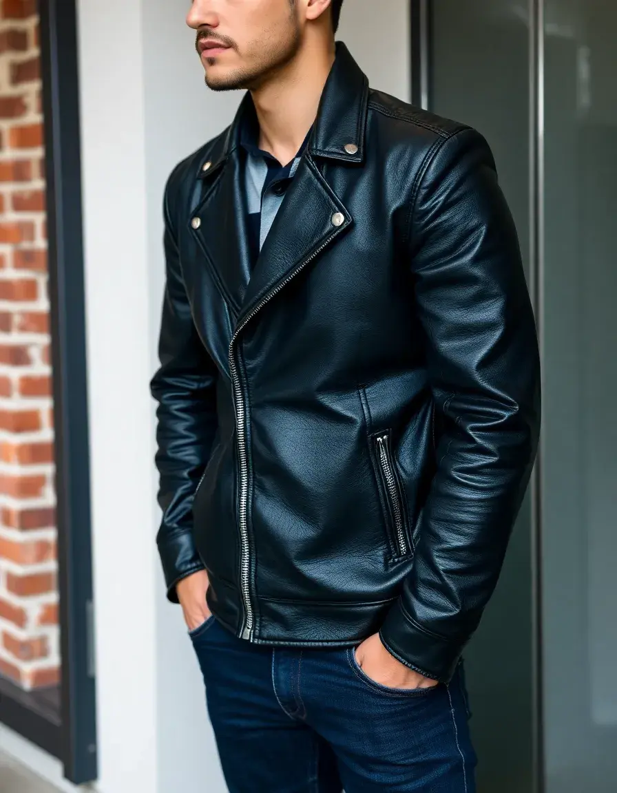 Men's fitted black leather jacket with silver hardware
