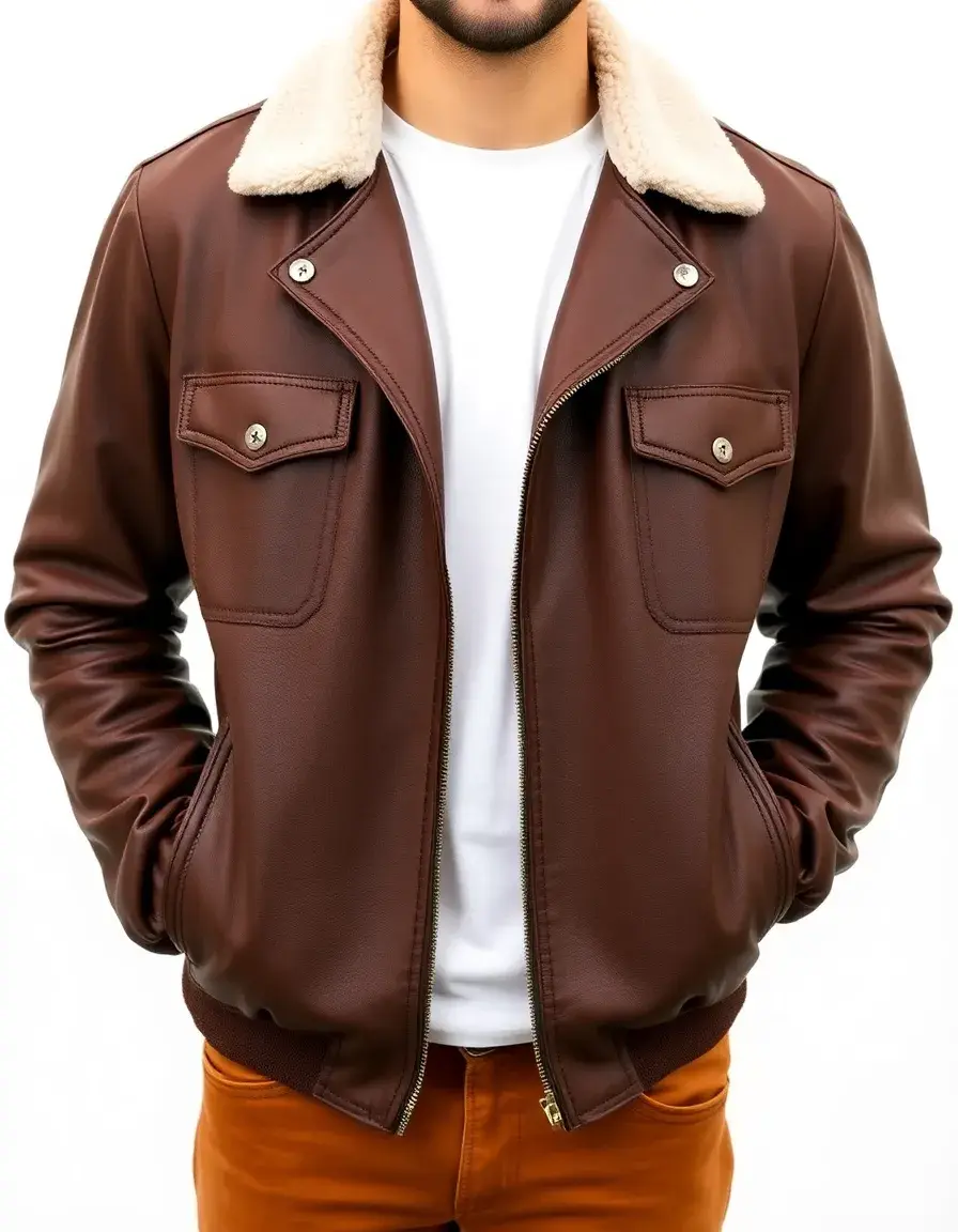Men's relaxed brown leather jacket with vintage finish