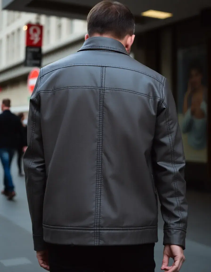 Men's gray urban leather jacket with minimalist design