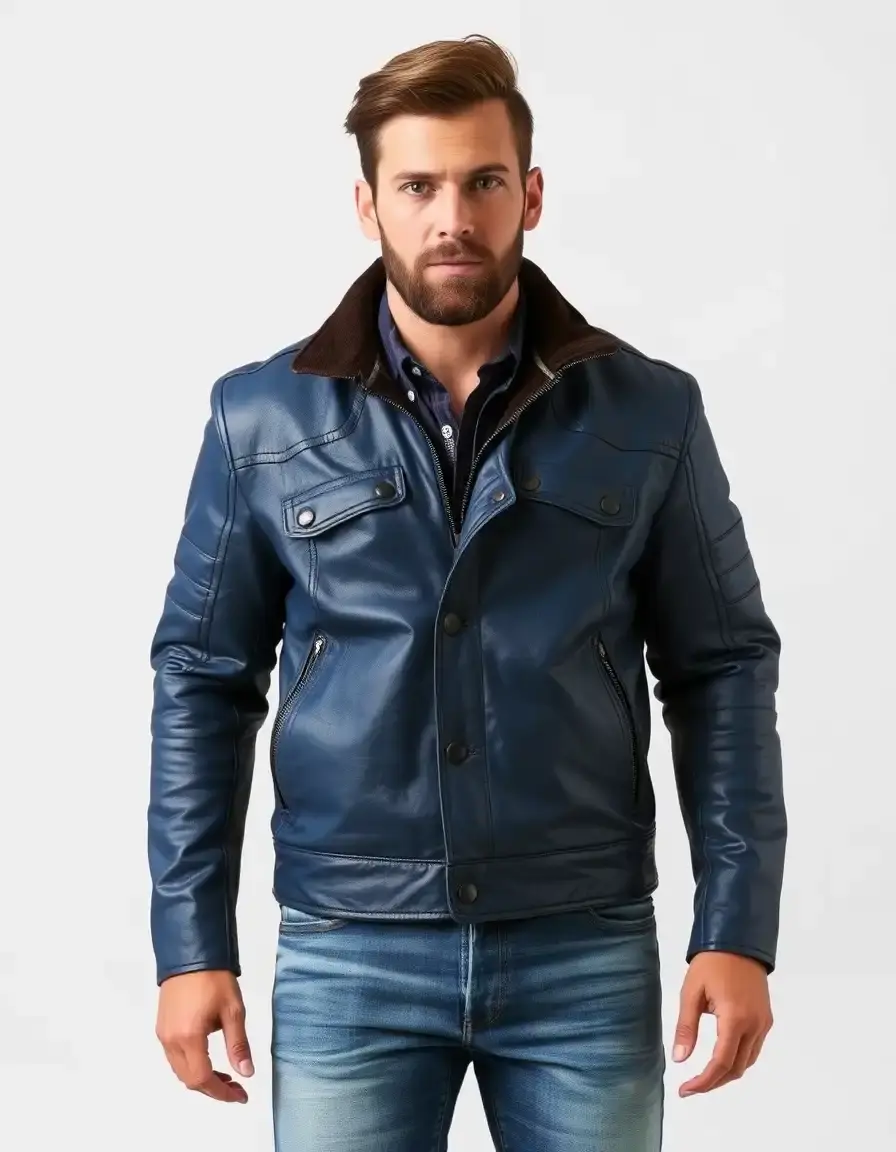 Men's blue leather jacket in a trucker style